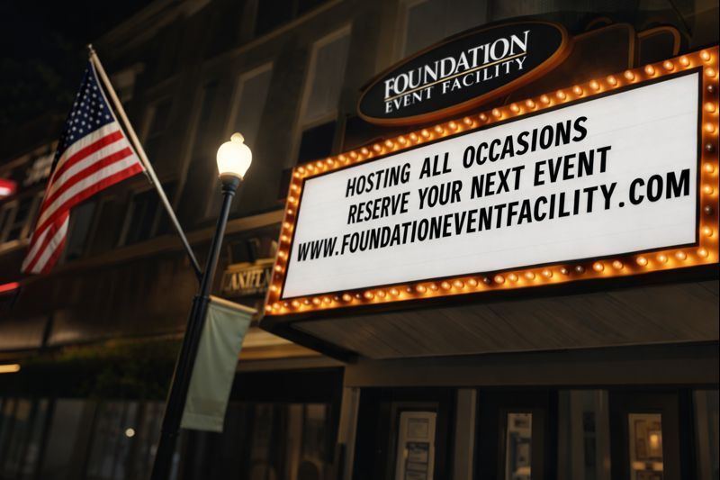 Sign for Foundation Event Facility at night with an American flag.