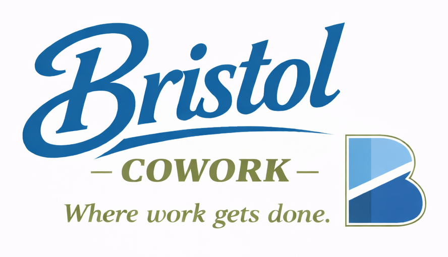 Bristol Cowork logo with blue script and a stylized blue 