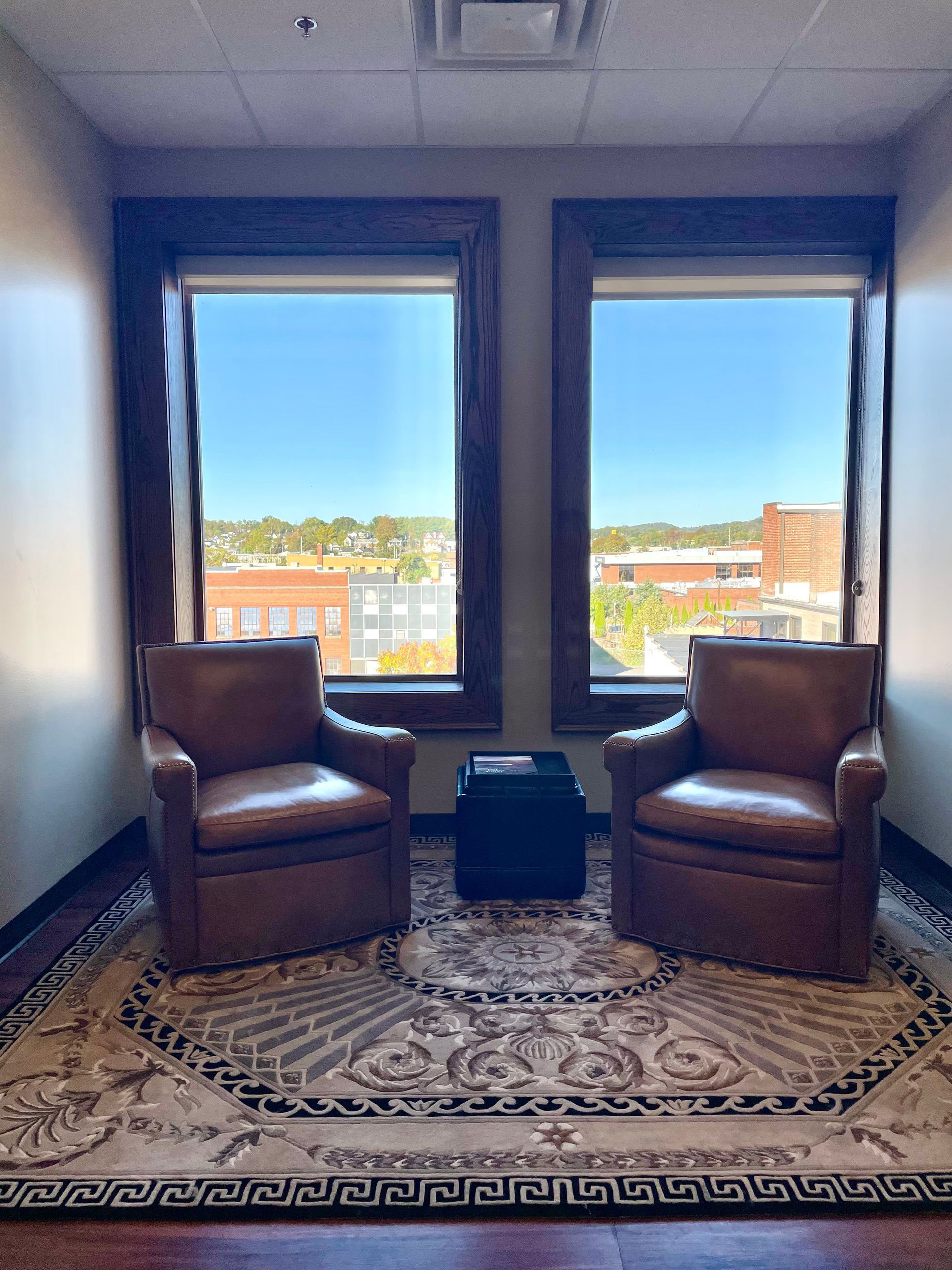 Two leather armchairs face windows in a room with a decorative rug. A small table sits between the chairs.