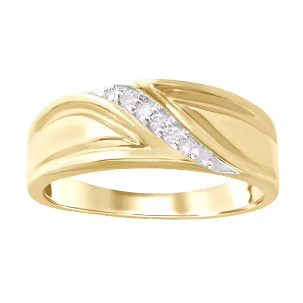 Gold wave-design ring with a diagonal row of small diamonds