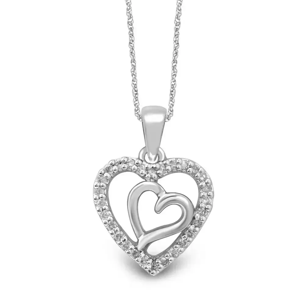 Silver heart pendant necklace with rhinestone accents and intertwined inner heart design