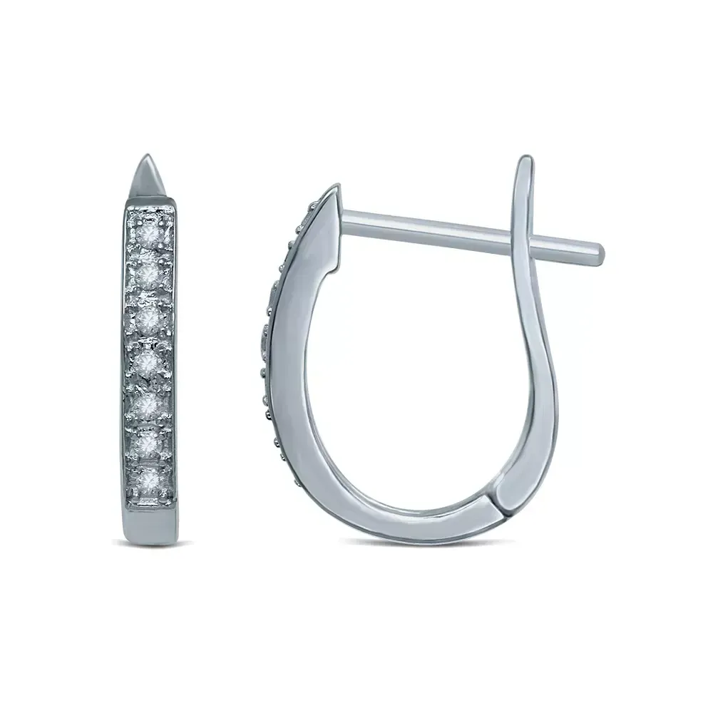 Silver hoop earrings with pavé diamonds, shown front and side view on white background