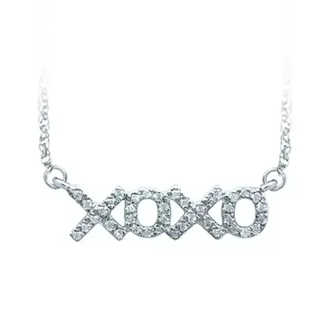 Silver “XOXO” pendant necklace with a chain on a white background