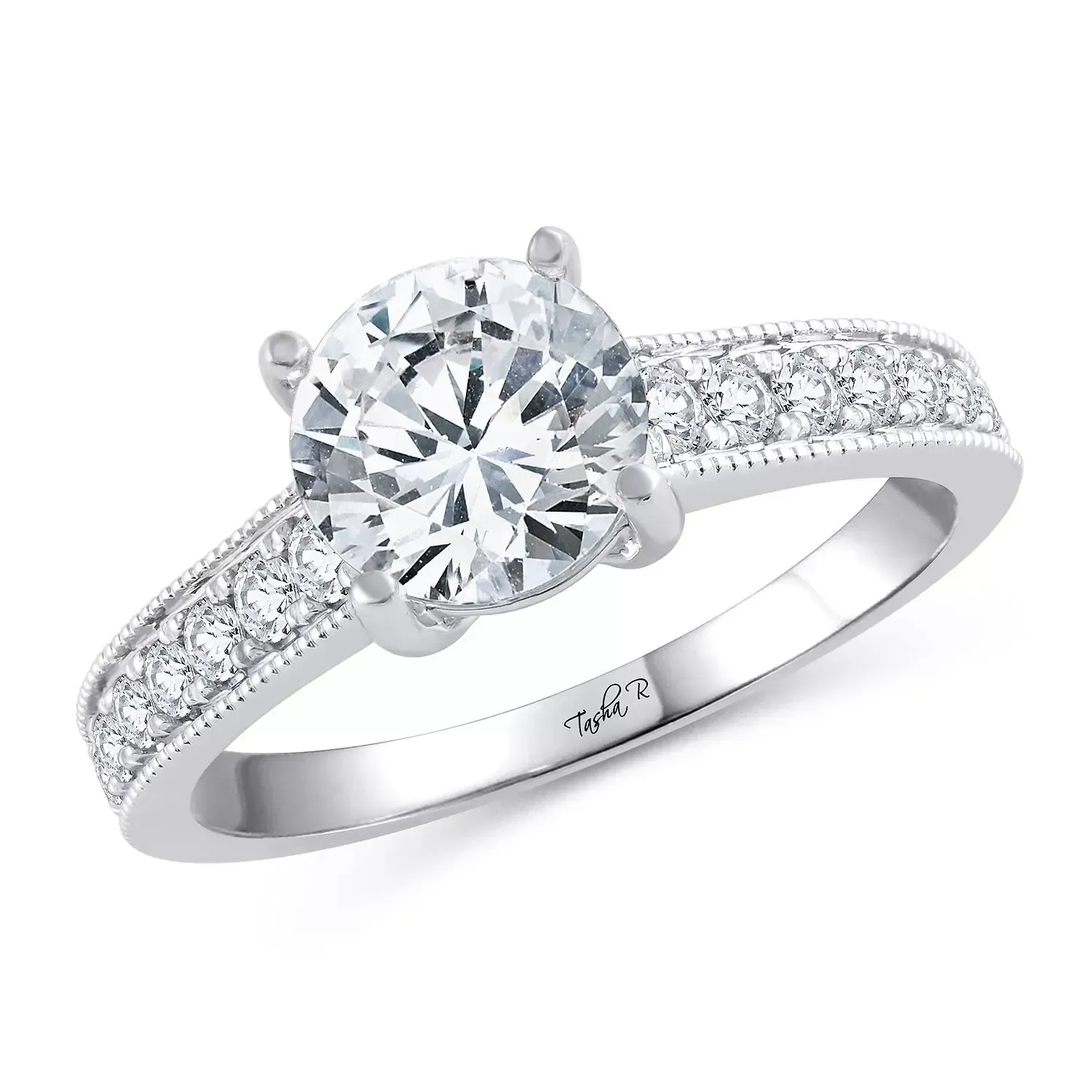 Diamond solitaire ring with pavé band in white metal on a white background
