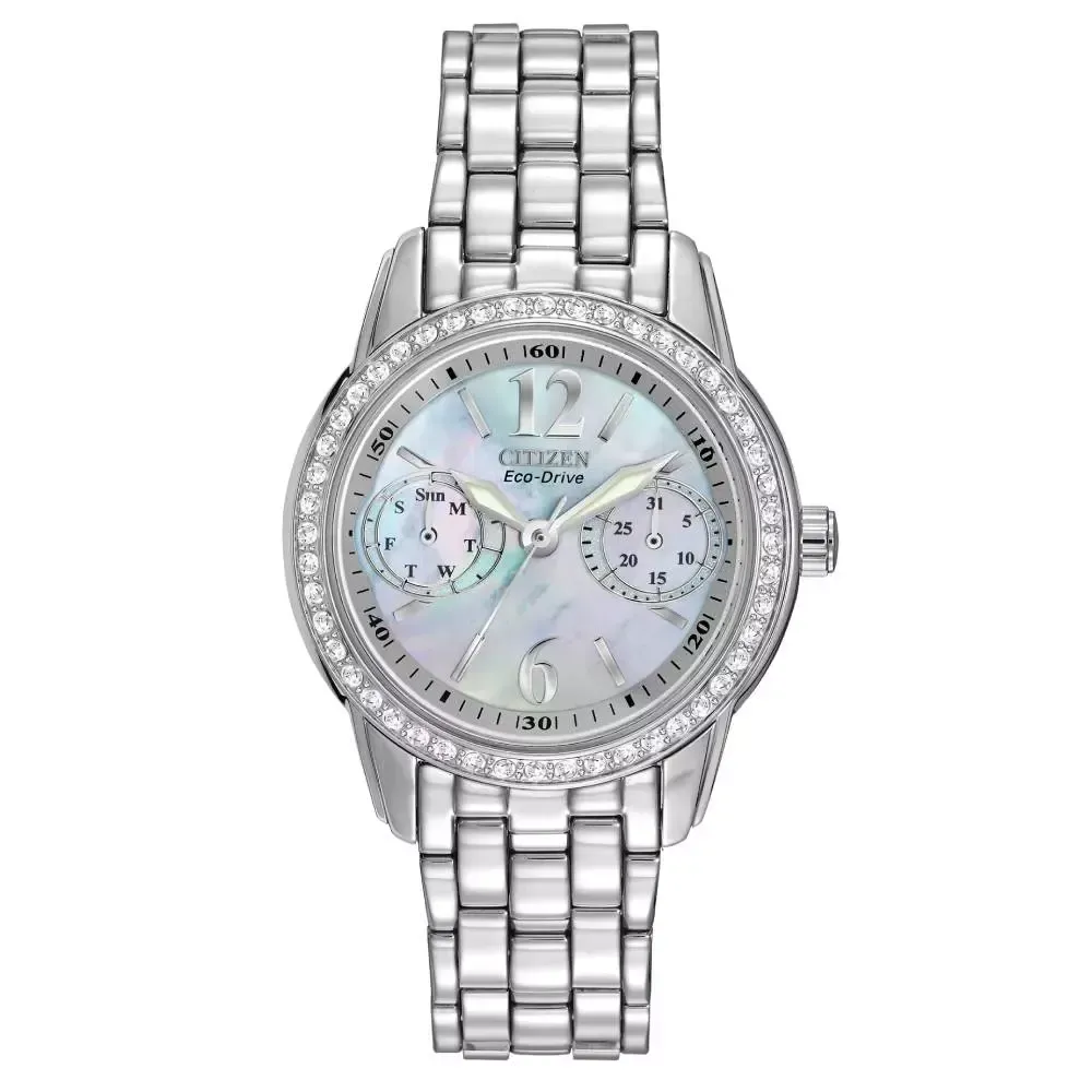 Silver Citizen wristwatch with mother-of-pearl face, diamond bezel, and two subdials