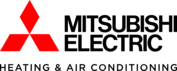 Mitsubishi Electric logo: Red diamond logo with "MITSUBISHI ELECTRIC" text, below "HEATING & AIR CONDITIONING".