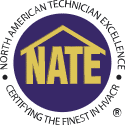 NATE certification logo: blue circle with gold letters and house outline, "North American Technician Excellence."