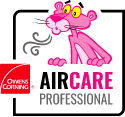 Pink Panther blowing air with "Air Care Professional" text, Owens Corning logo.