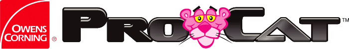 Logo for ProCat by Owens Corning featuring a pink panther head within the lettering.
