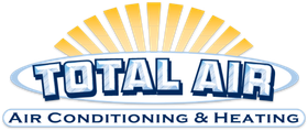 Logo for "Total Air Air Conditioning & Heating" with a sunburst design above the text.