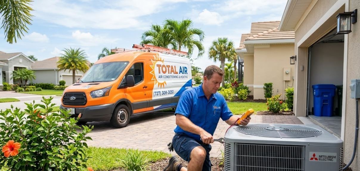 A professional Total Air Inc. technician performing expert AC repair and system diagnostics on an outdoor unit for a residential home in Seminole, FL.
