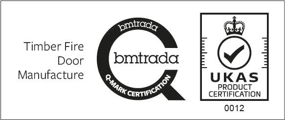 Logos for Timber Fire Door Manufacture: bmtada, Q-Mark certification, and UKAS product certification (0012).