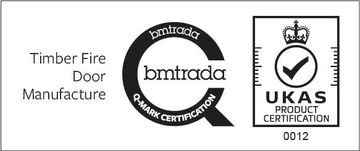 Logos for Timber Fire Door Manufacture: bmtada, Q-Mark certification, and UKAS product certification (0012).