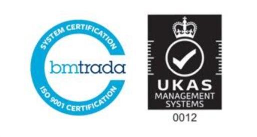 Logos: bmtrada ISO 9001 certification (blue circle) and UKAS Management Systems (black square) with checkmark.
