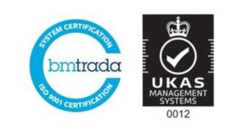 Logos: bmtrada ISO 9001 certification (blue circle) and UKAS Management Systems (black square) with checkmark.