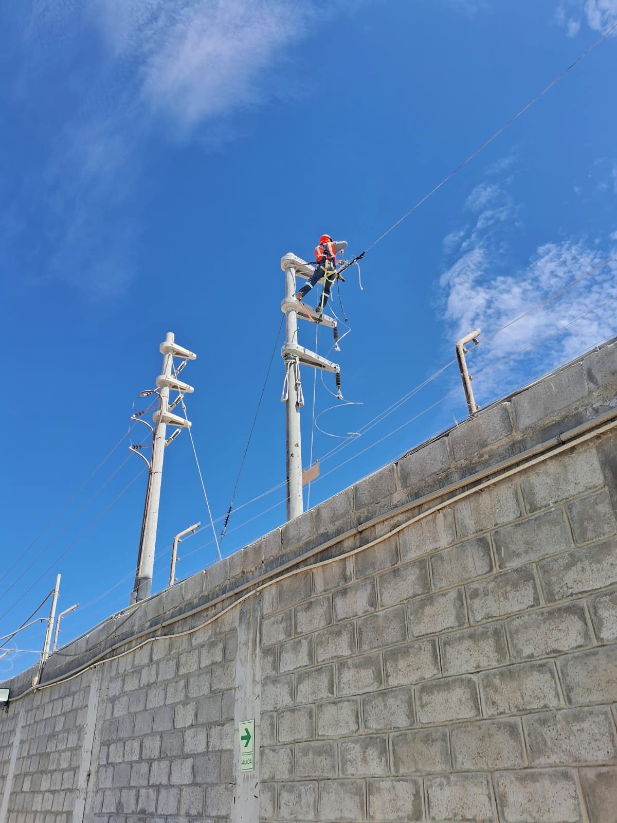 Una pared de ladrillos con muchos cables eléctricos sobre ella.