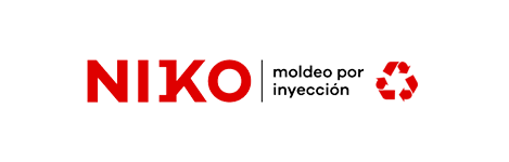 A red and white logo for niko moldes por inyección
