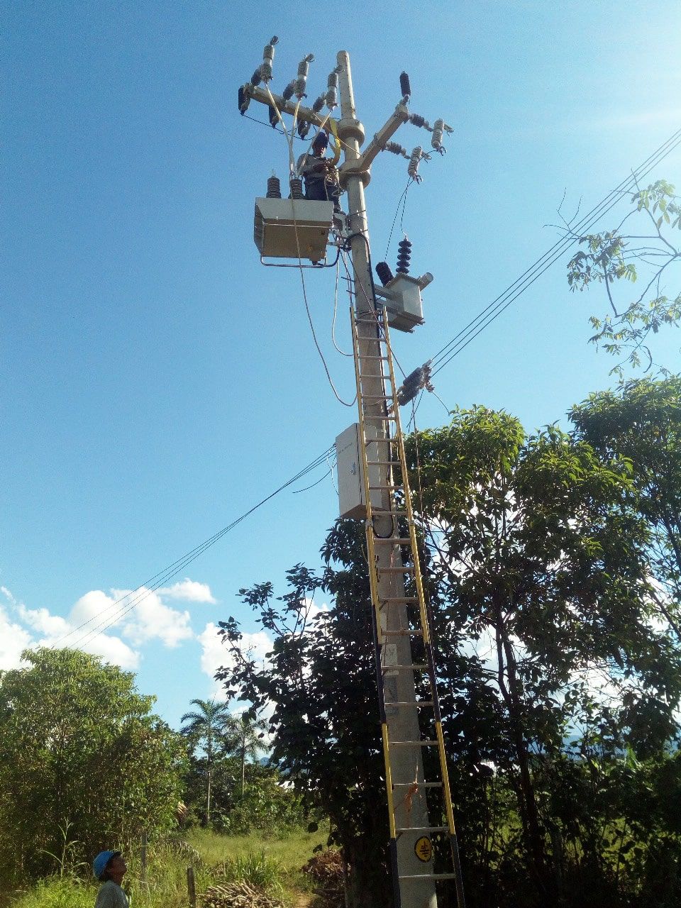 Un hombre en un cubo está trabajando en un poste eléctrico.