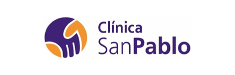 Un logotipo morado y naranja para la Clínica San Pablo.