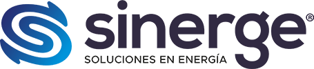 Un logotipo azul y negro para Sinergi Solutions en Energía.