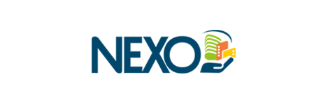 Un logotipo para una empresa llamada Nexo con una mano sosteniendo un micrófono.
