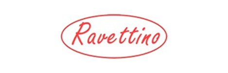 El logotipo de Raveltino es un óvalo rojo sobre un fondo blanco.