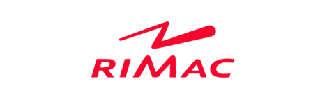 Un logotipo rojo y blanco para rimac sobre un fondo blanco.