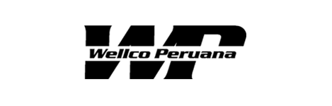 Un logotipo en blanco y negro para Wellco Peruana sobre un fondo blanco.