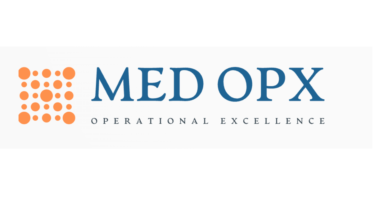 Logo for MED OPX with hexagonal shapes in orange, with blue text and the words 