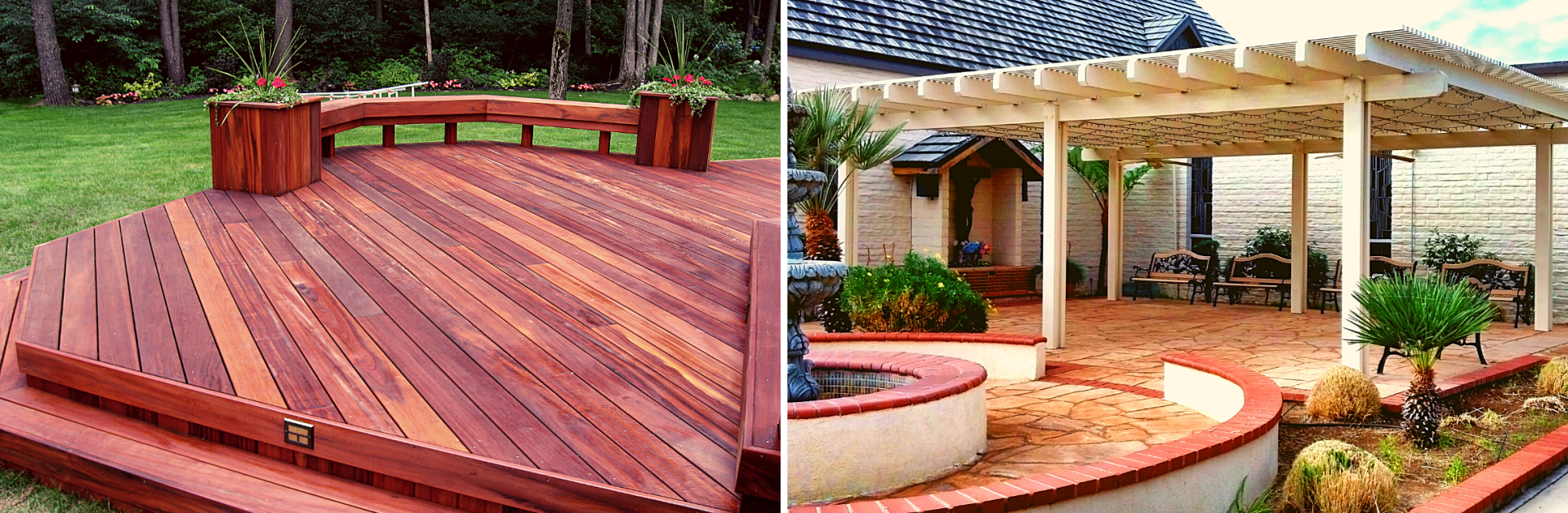 Wood Deck Compared in a Backyard to Stone Patio with White Patio Covers