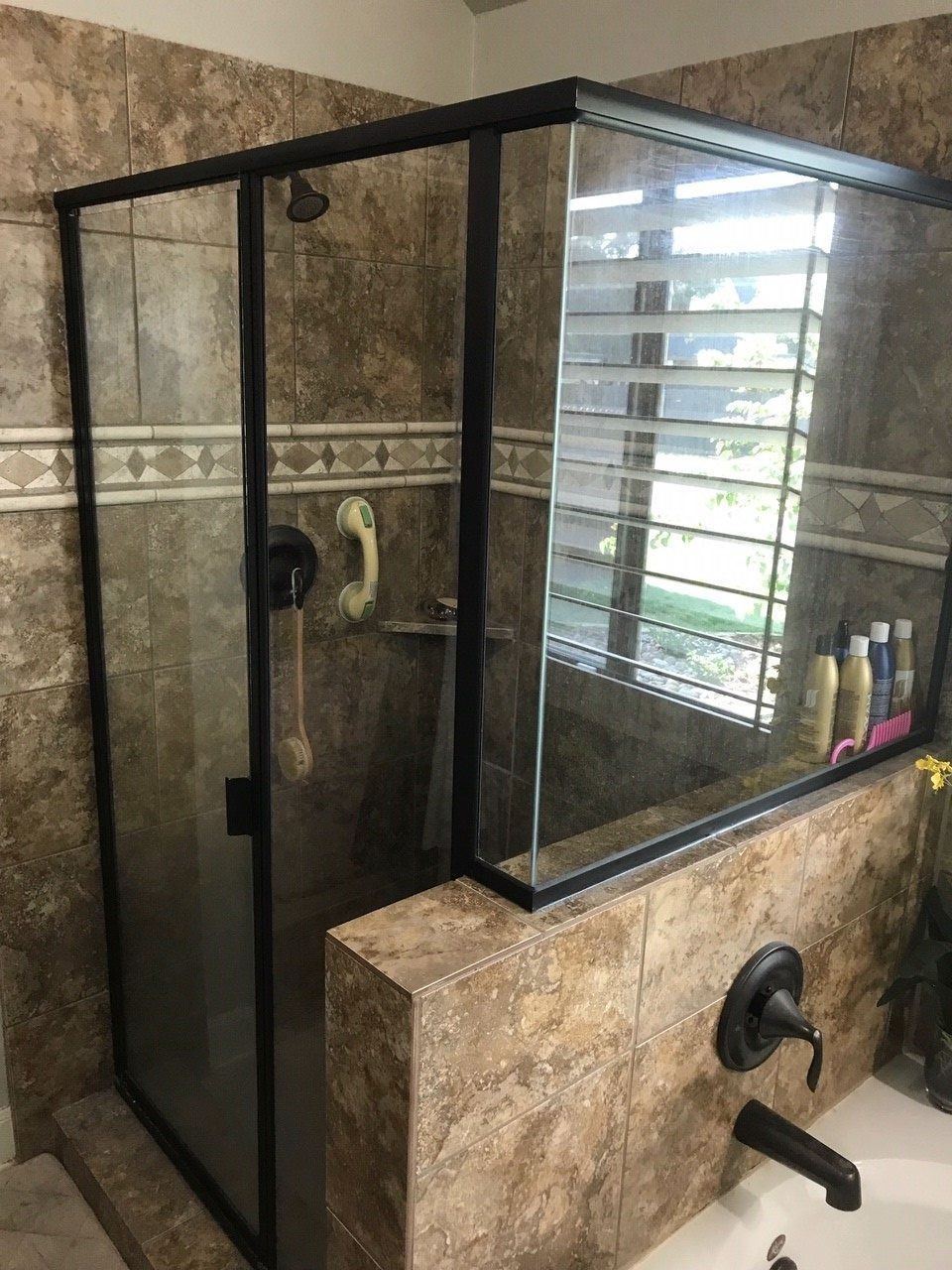 Madeira Granite Walk In Shower with Custom Trim