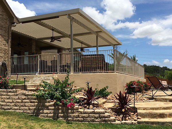 Equinox Louvered Patio Cover on Elevated Outdoor Space — Fresno, CA — R.F.M.C Construction Inc