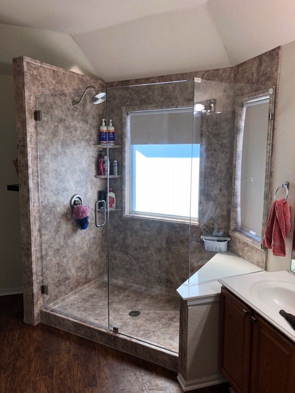 River Rock Wall Surround Walk in Shower