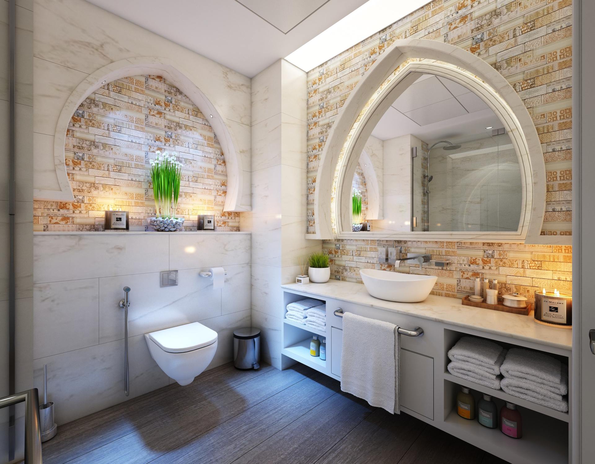 Bathroom Custom Arched Window and Floating Toilet
