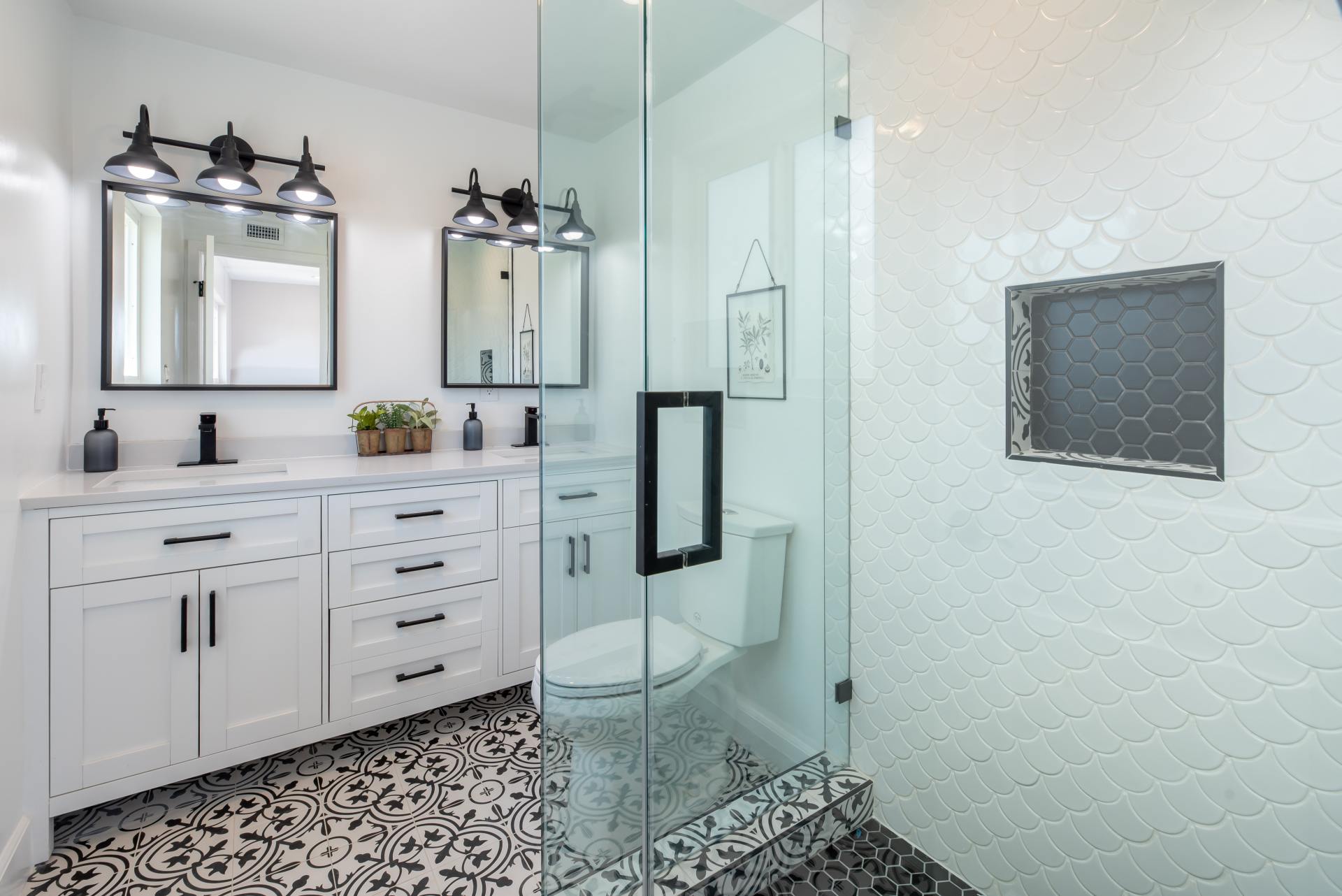 Contemporary Bathroom White Cabinets 2 Sinks Black Hardware Glass Shower Door Walk In Shower
