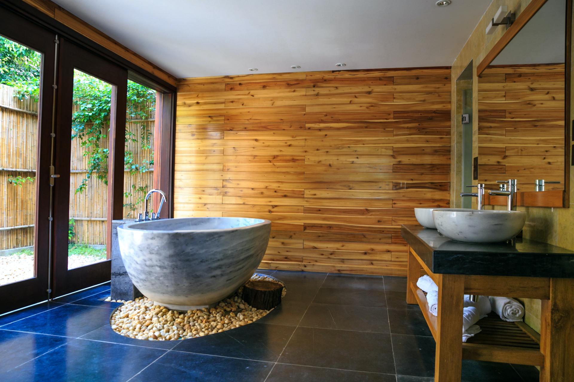 Asian Inspired Bathroom Round White and Gray Ceramic Bathtub