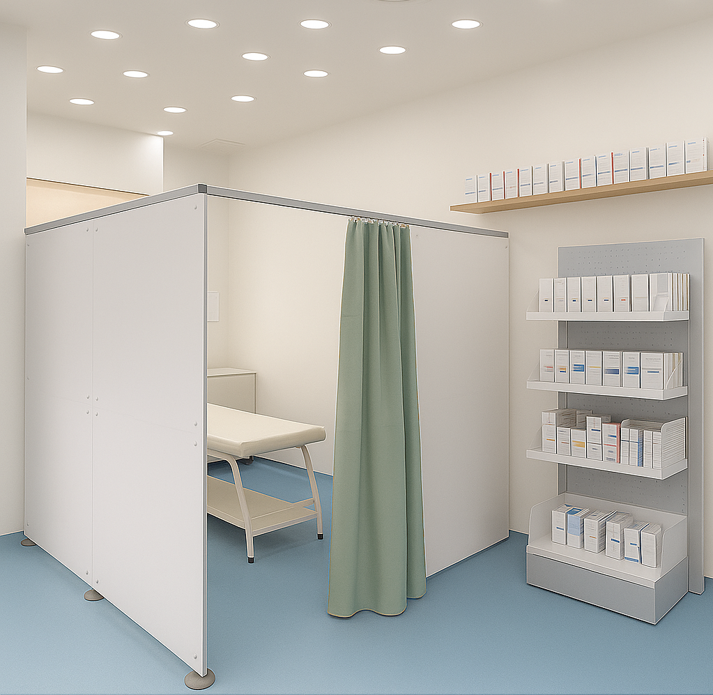 parete divisoria componibile a cabina curva bianca e rossa