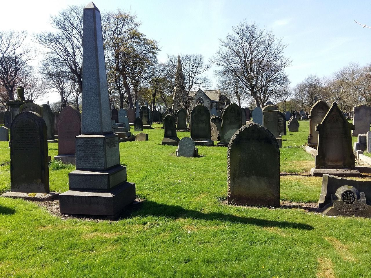 Grave headstone in a cemetery with grass and trees in the background