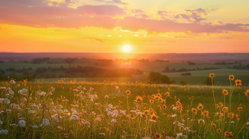 A peaceful sunset over a wildflower field offering a calming scene often used in Jordan, MN funeral grief support materials.