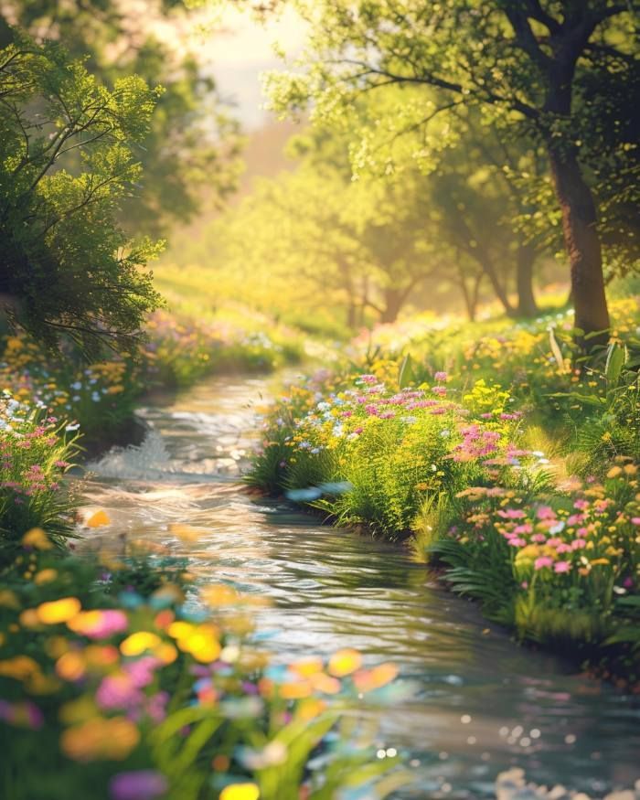 A peaceful creek surrounded by blooming wildflowers and sunlight, reflecting the serenity tied to Jordan, MN water cremation services.