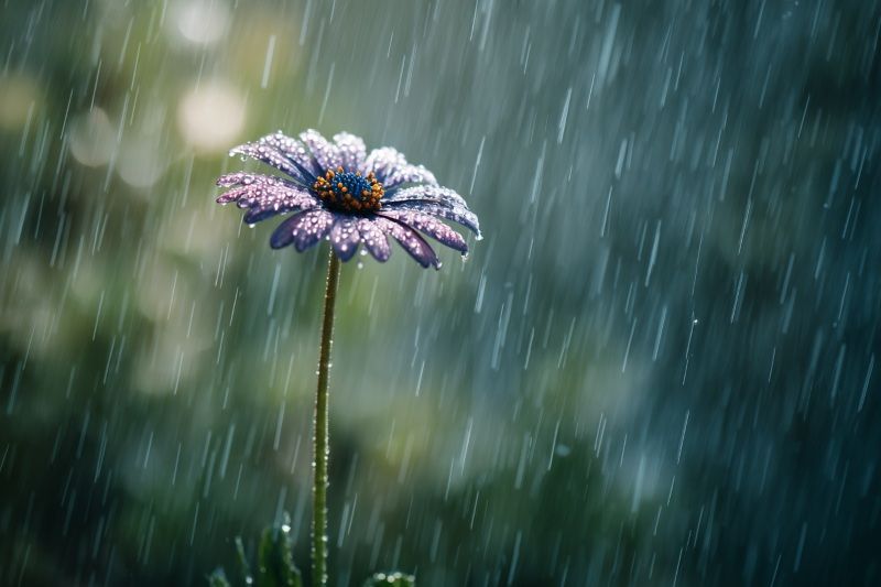 A single purple flower standing tall in pouring rain, symbolizing resilience and comfort from a Prior Lake, MN funeral home and cremations.