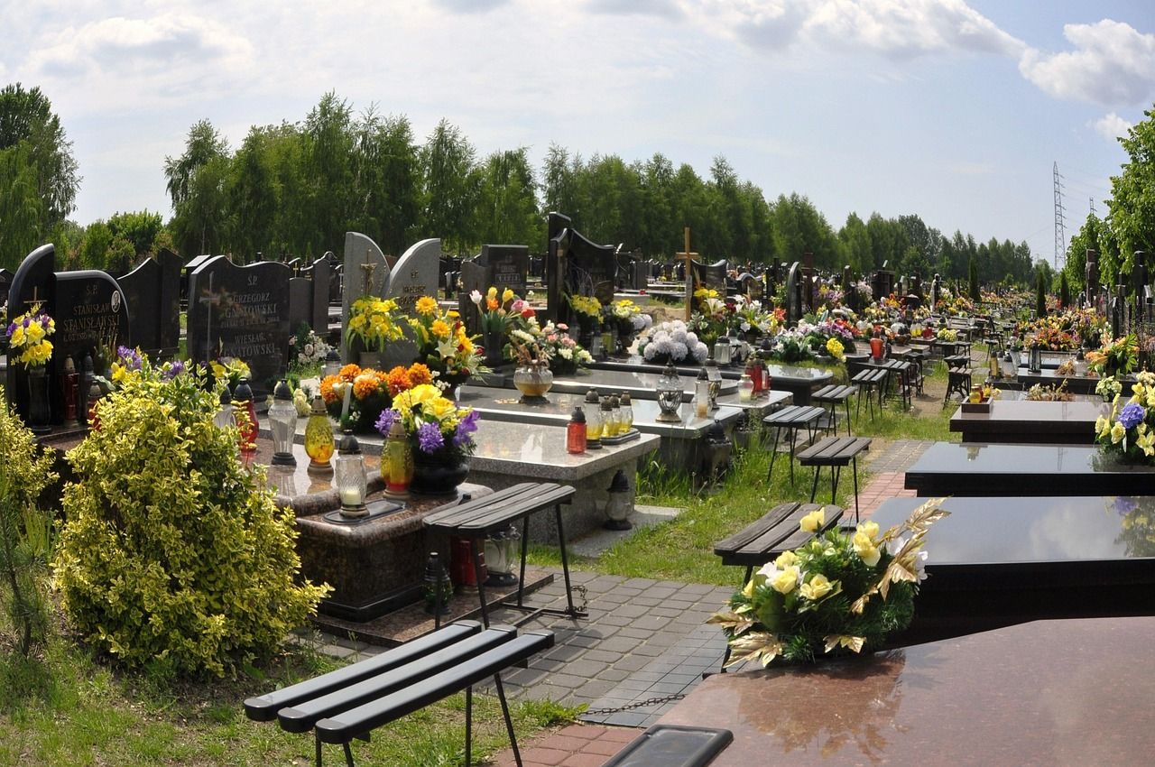 Quiet cemetery graveyard with multiple headstones under a soft sky, symbolizing remembrance. 