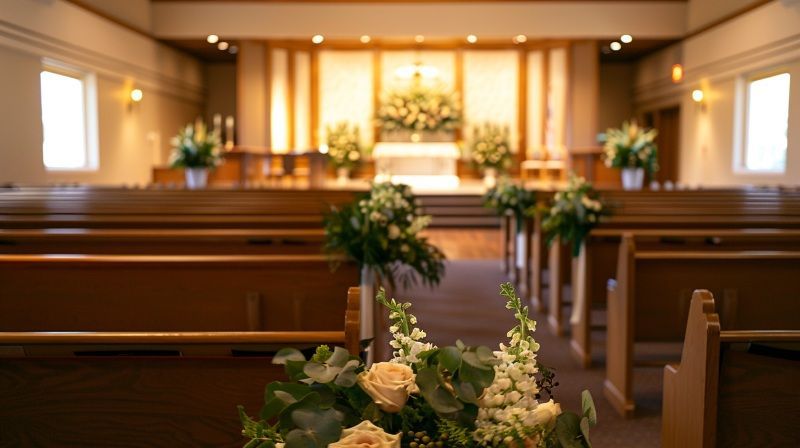 A softly lit chapel decorated with white flowers and wooden pews, prepared for Shakopee, MN traditional funeral services.