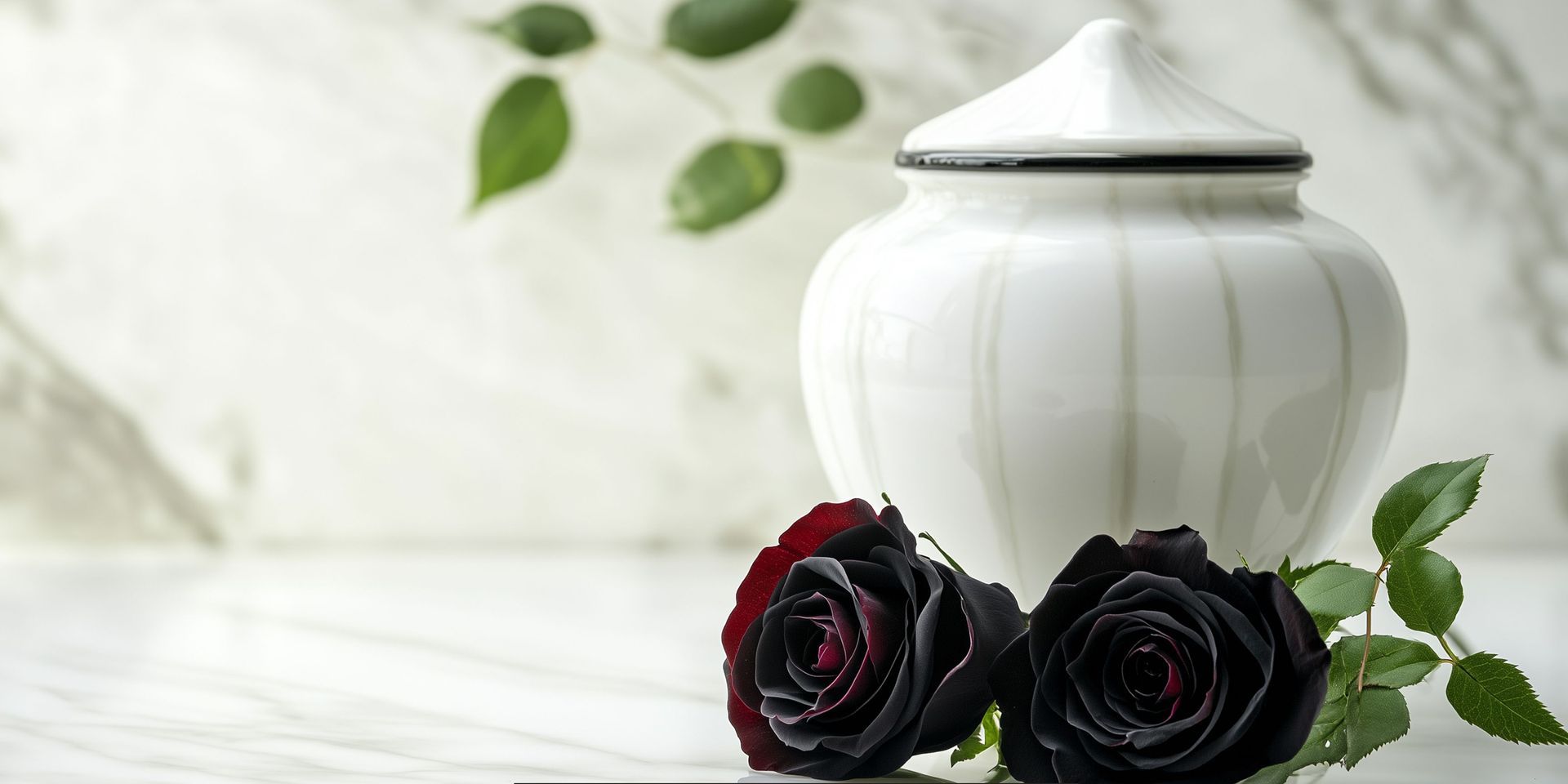 White ceramic cremation urn displayed with black roses, symbolizing remembrance and honoring a loved