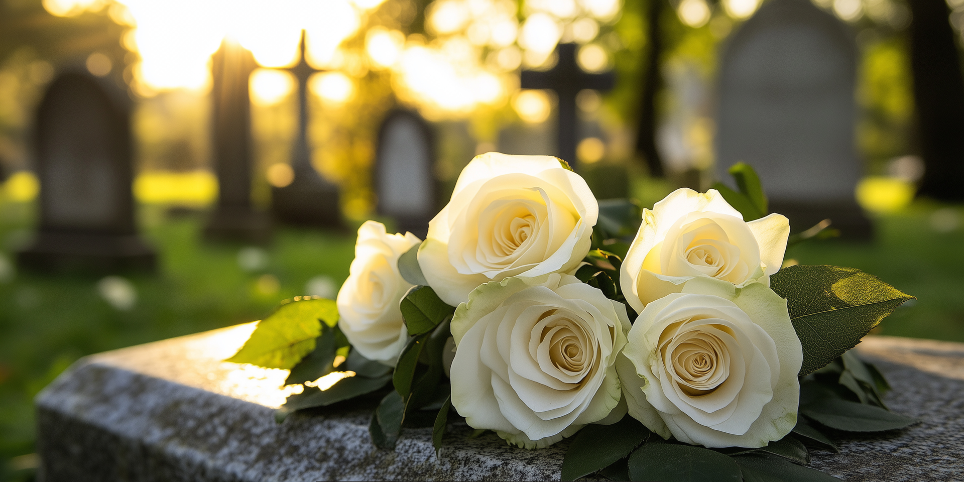 White roses resting on a gravestone in a peaceful cemetery setting, symbolizing remembrance, love