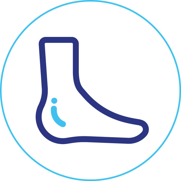 A blue icon of a foot in a circle on a white background.