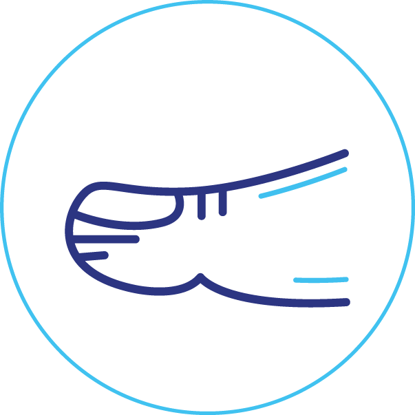 A line drawing of a person 's foot in a blue circle.