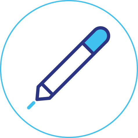 A blue pencil icon in a blue circle on a white background.