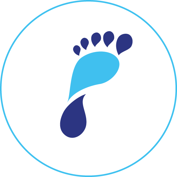 A blue footprint with a drop of water on it in a circle.