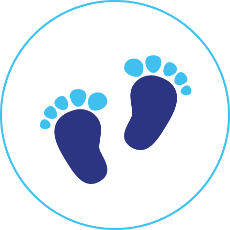 A pair of blue footprints in a blue circle on a white background.